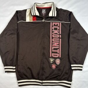 ECKO UNLTD Mens M Full Zip Track Athletic Jacket Coat Embroidered Patched Brown